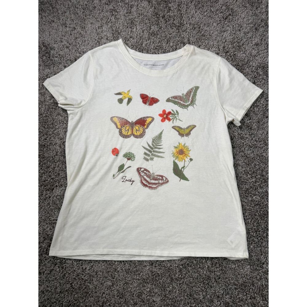 Lucky Brand Butterfly Graphic Tee Cream Short Sleeve T-Shirt Large L